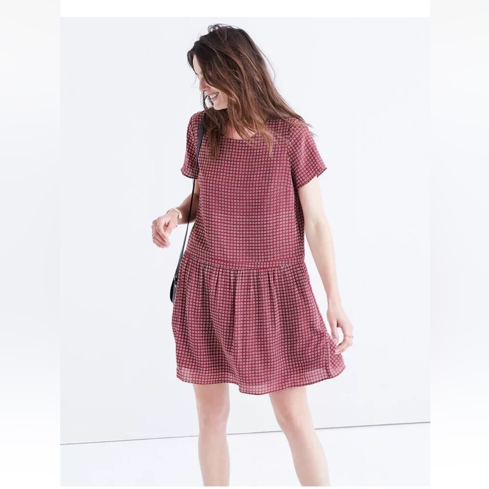 Madewell Silk Ascot Tile Maroon Red white short sleeve Drop Waist dress | Size 0 - Picture 1 of 14